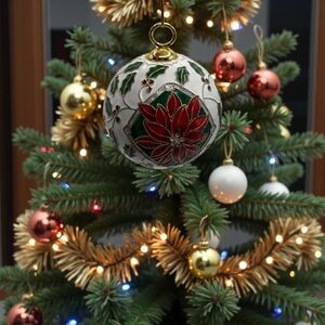 Ganz Cloisonné Style Christmas Ornament Poinsettia White Green Red Gold trim